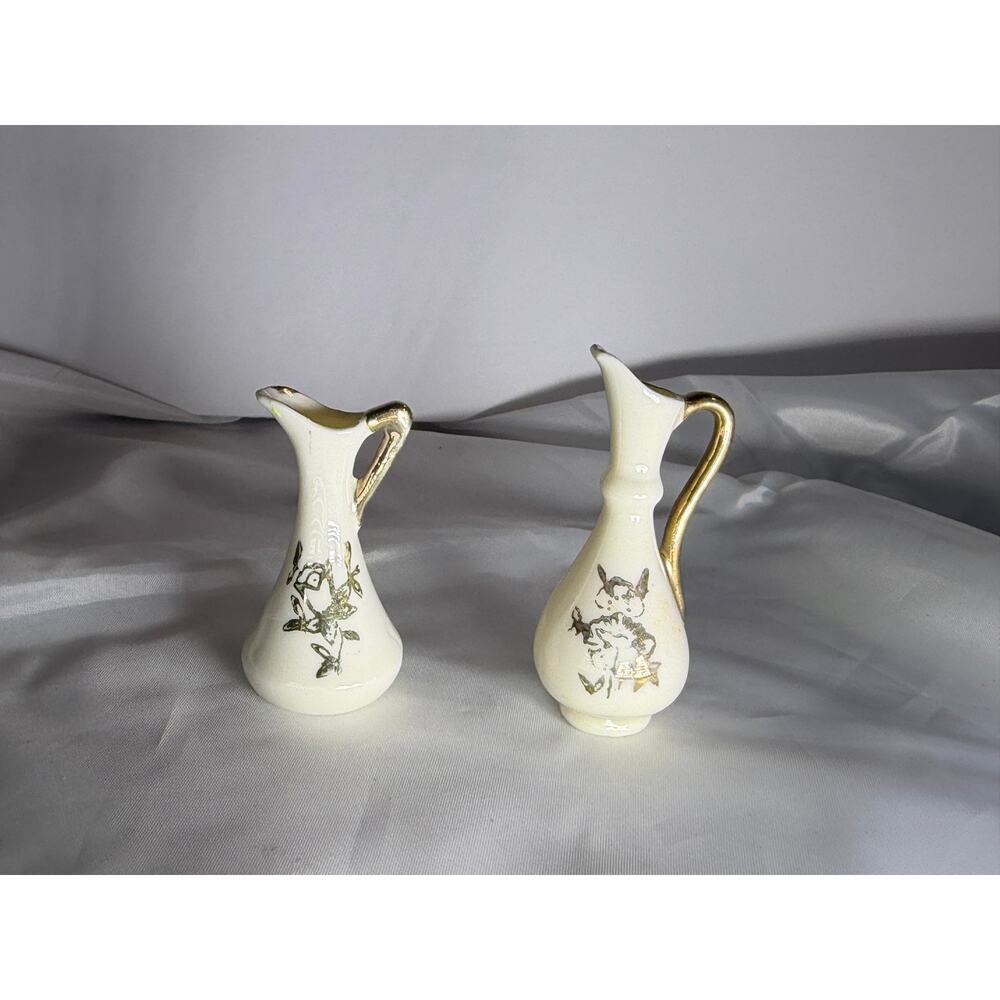 Set of 2 Vintage Porcelain Ivory and Gold Miniature Vases Pitchers Glassware